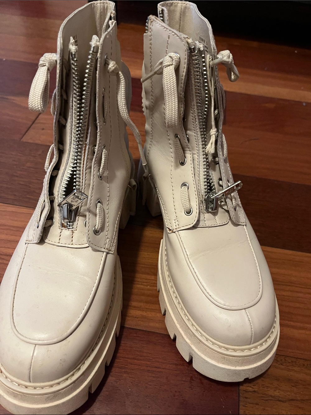 Ash Cream Lace-Up Platform Combat Boots with Front Zip